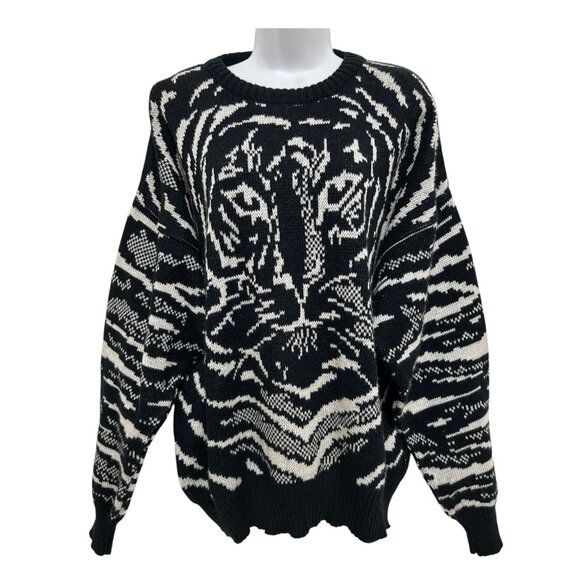 Vintage Y2K Black White Oversized Tiger Sweater Knit Retro Crewneck Italy Chunky - Picture 1 of 13